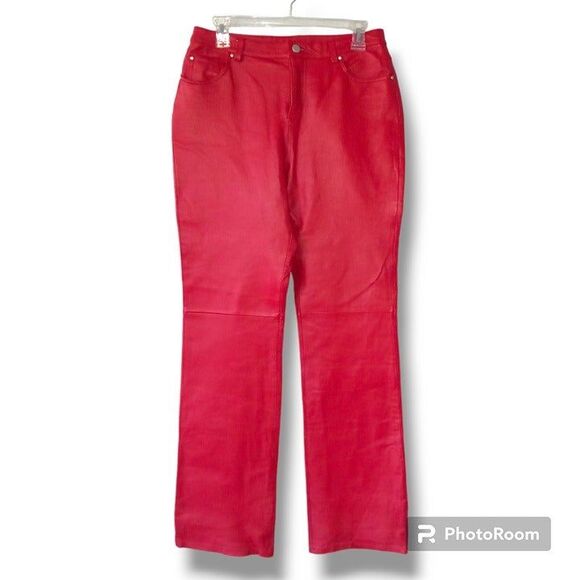 MetroStyle Lipstick Red Leather Trouser Pant-Size 6 Tall-Lined-Straight Leg - Picture 1 of 8